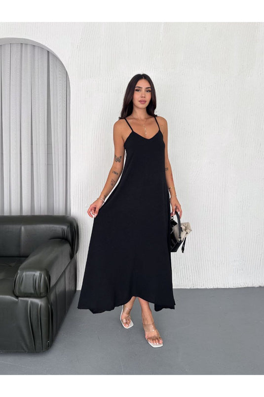 Airobin Kumaş & Cep Detaylı Elbise Kiloş Elbise-Sİyah-9005