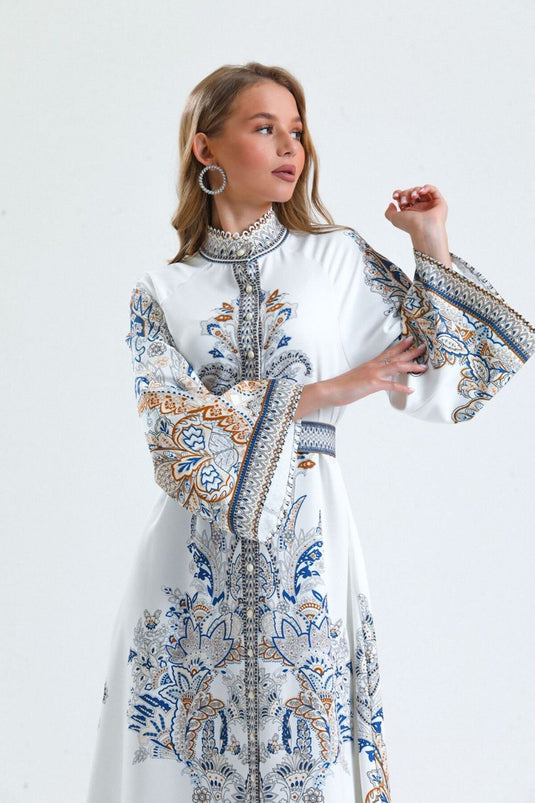 Atlas Kumaş Çiçek Desenli Gömlek Yaka Düğme Detaylı Laci Elbise (KEMER DAHİLDİR)-4235