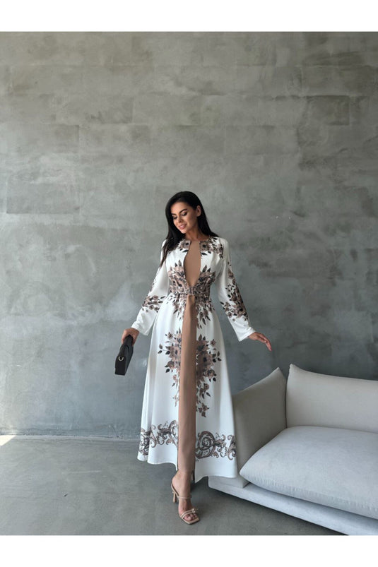 Atlas Kumaş Çiçek Desenli Bisiklet Yaka Ek Parça Detaylı Siyah Elbise (KEMER DAHİLDİR)-42127