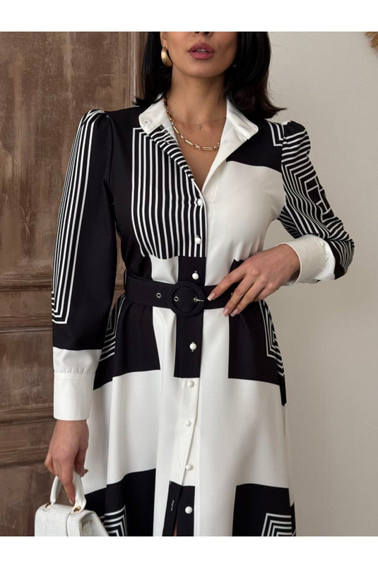 Atlas Kumaş Çiçek Desenli Gömlek Yaka Kırmızı Şerit Detaylı Elbise (KEMER DAHİLDİR)-42161