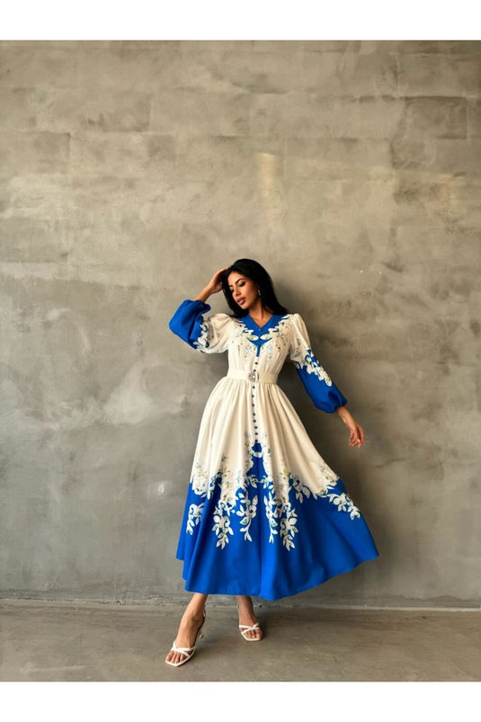 Atlas Kumaş Elbise (Kemer Dahildir) - Mavi