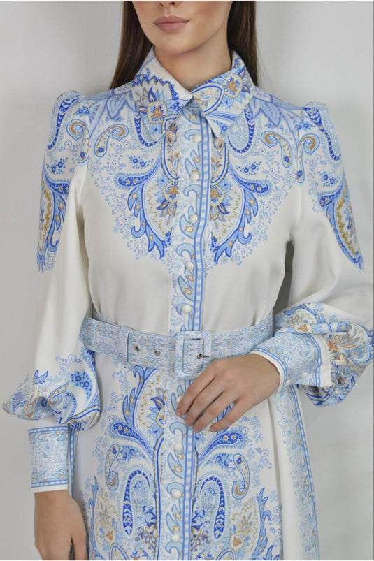 Atlas Kumaş Çiçek Desenli Gömlek Yaka Düğme Detaylı Mavi Elbise (KEMER DAHİLDİR)-23133