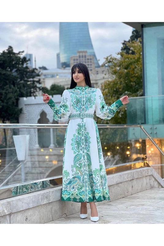 Atlas Kumaş Çiçek Desenli Gömlek Yaka Düğme Detaylı Yeşil Elbise (KEMER DAHİLDİR)-22345