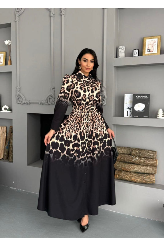 Atlas Kumaş Çiçek Desenli Gömlek Yaka Düğme Detaylı Beyaz Elbise (KEMER DAHİLDİR)-2599