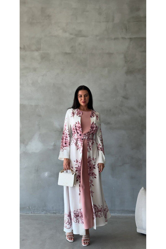 Atlas Kumaş Çiçek Desenli Bisiklet Yaka Ek Parça Detaylı Siyah Elbise (KEMER DAHİLDİR)-42127