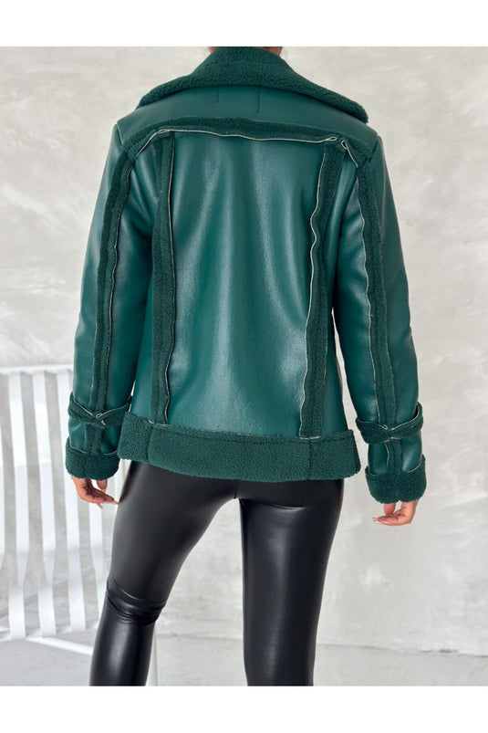 Astarlı Kuzu Deri Kürklü Mont -Beyaz