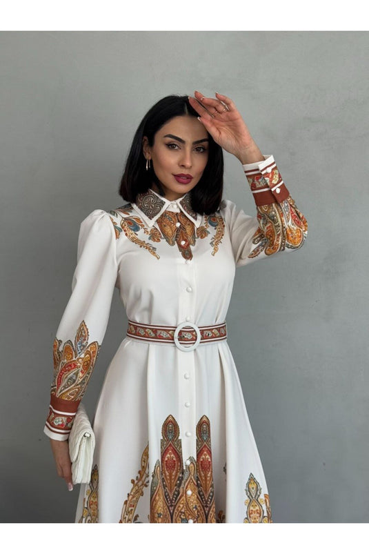 Atlas Kumaş Çiçek Desenli Gömlek Yaka Düğme Detaylı Siyah Elbise (KEMER DAHİLDİR)-2501