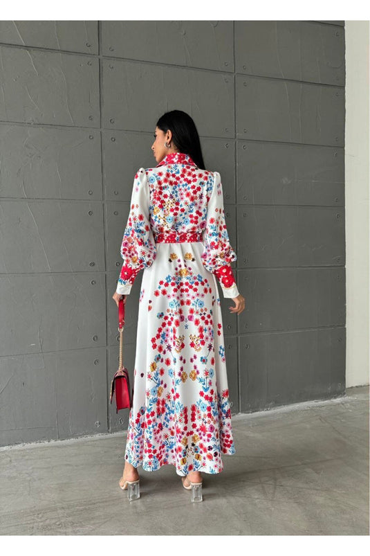 Atlas Kumaş Çiçek Desenli Gömlek Yaka Düğme Detaylı Kırmızı Elbise (KEMER DAHİLDİR)-4224