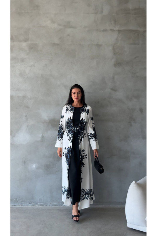 Atlas Kumaş Çiçek Desenli Bisiklet Yaka Ek Parça Detaylı Siyah Elbise (KEMER DAHİLDİR)-42127