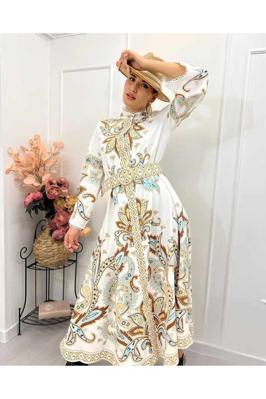 Atlas Kumaş Çiçek Desenli Gömlek Yaka Düğme Detaylı Laci Elbise (KEMER DAHİLDİR)-4235