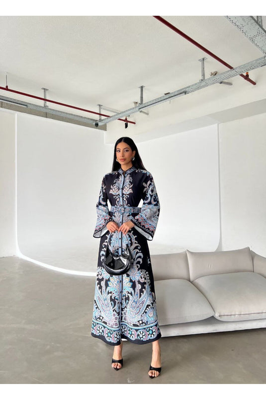 Atlas Kumaş Çiçek Desenli Gömlek Yaka Düğme Detaylı Laci Elbise (KEMER DAHİLDİR)-4235