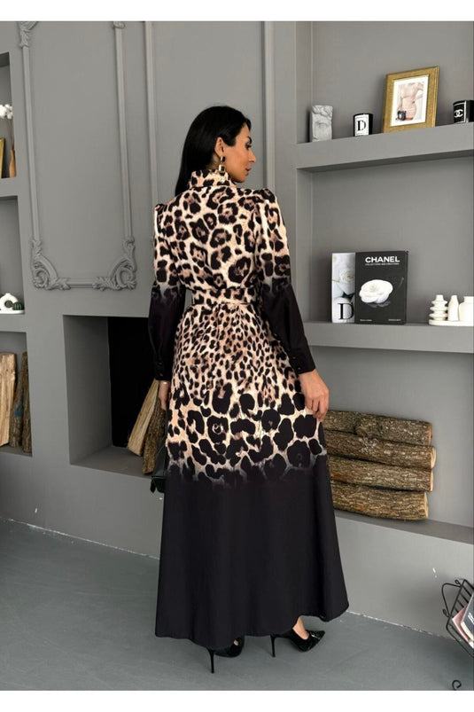 Atlas Kumaş Çiçek Desenli Gömlek Yaka Düğme Detaylı Beyaz Elbise (KEMER DAHİLDİR)-2599