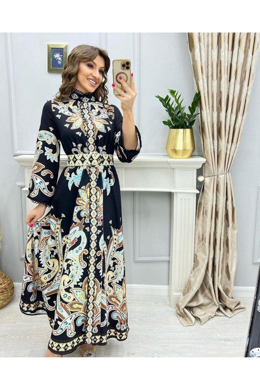 Atlas Kumaş Çiçek Desenli Gömlek Yaka Düğme Detaylı Laci Elbise (KEMER DAHİLDİR)-4235