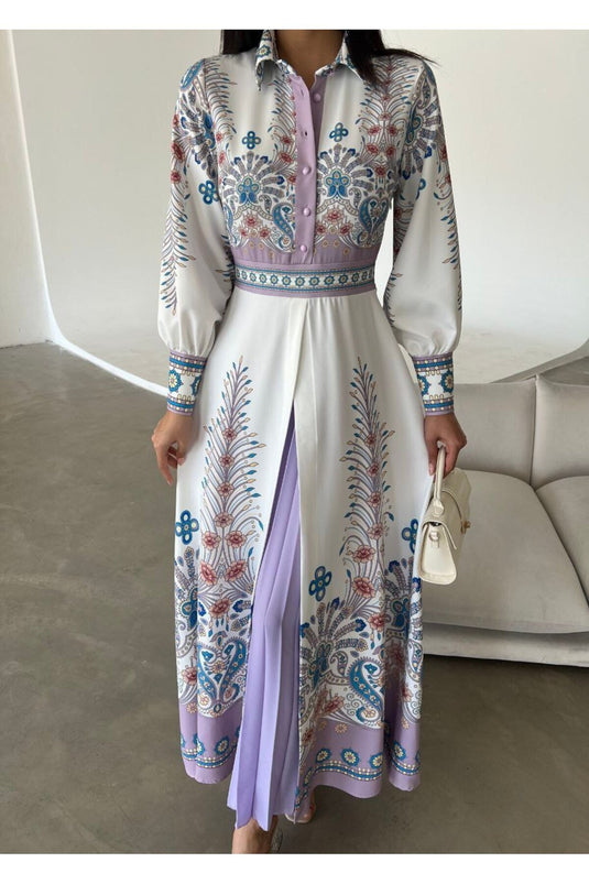 Atlas Kumaş Çiçek Desenli Gömlek Yaka Düğme Detaylı Lila Elbise (KEMER DAHİLDİR)-4249