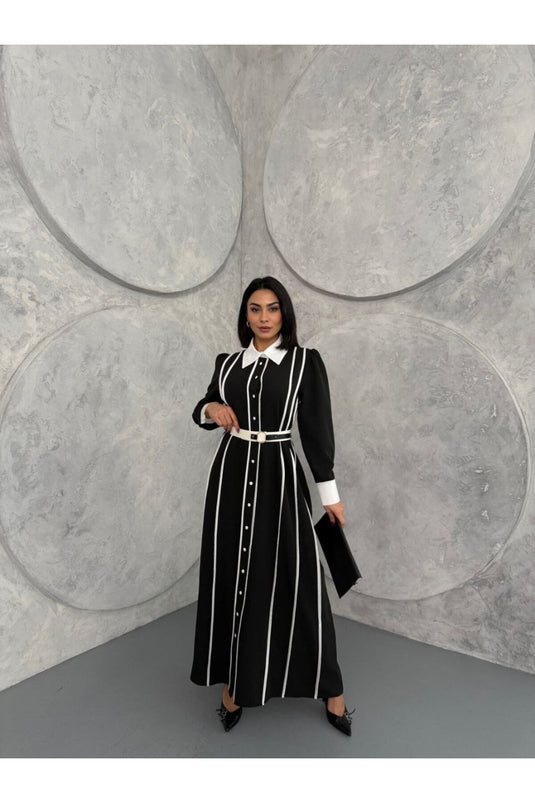 Atlas Kumaş Çiçek Desenli Gömlek Yaka Düğme Detaylı Siyah Elbise (KEMER DAHİLDİR)-42166