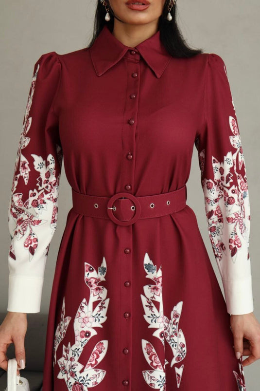 Atlas Kumaş Çiçek Desenli Gömlek Yaka Düğme Detaylı Siyah Elbise (KEMER DAHİLDİR)-2501