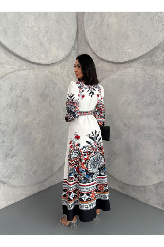 Atlas Kumaş Çiçek Desenli Gömlek Yaka Düğme Detaylı Mavi Elbise (KEMER DAHİLDİR)-2502