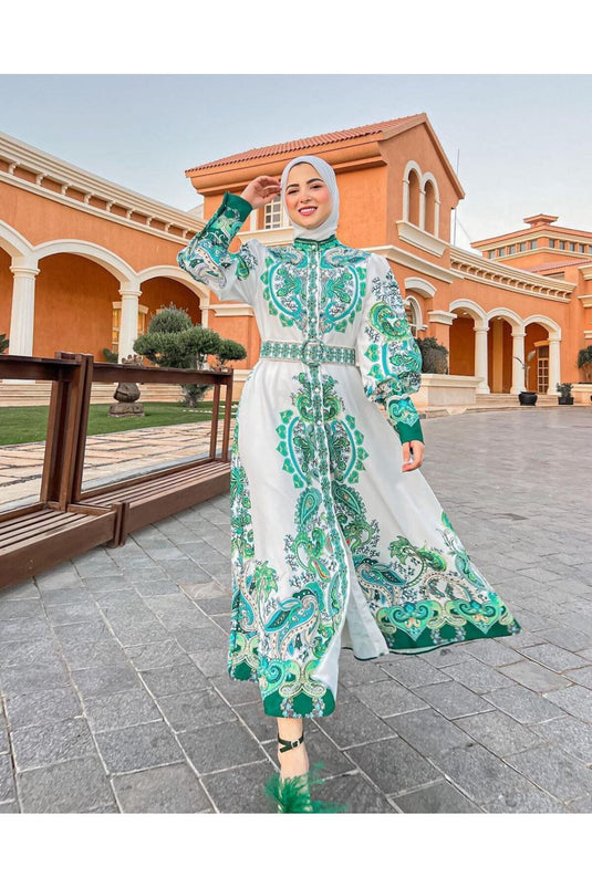 Atlas Kumaş Çiçek Desenli Gömlek Yaka Düğme Detaylı Yeşil Elbise (KEMER DAHİLDİR)-22345