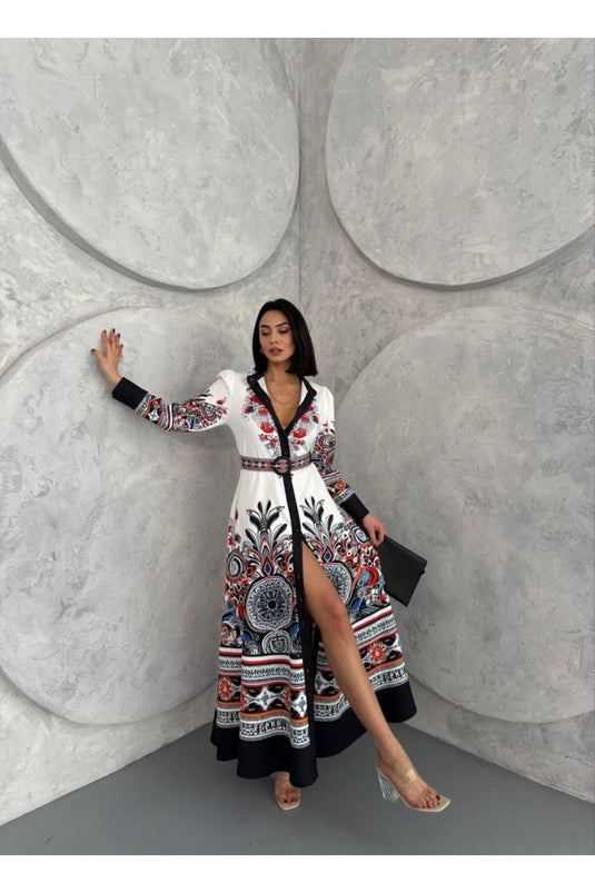 Atlas Kumaş Çiçek Desenli Gömlek Yaka Düğme Detaylı Mavi Elbise (KEMER DAHİLDİR)-2502