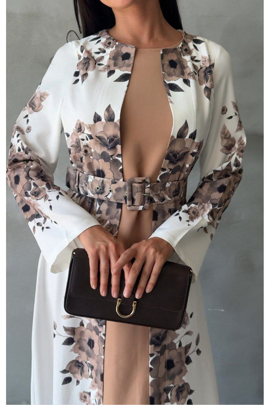 Atlas Kumaş Çiçek Desenli Bisiklet Yaka Ek Parça Detaylı Siyah Elbise (KEMER DAHİLDİR)-42127