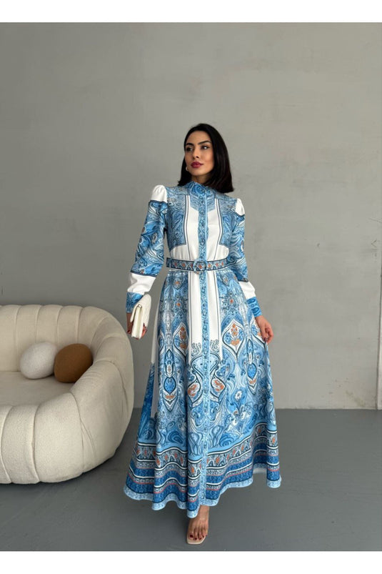 Atlas Kumaş Çiçek Desenli Gömlek Yaka Düğme Detaylı Mavi Elbise (KEMER DAHİLDİR)-2502