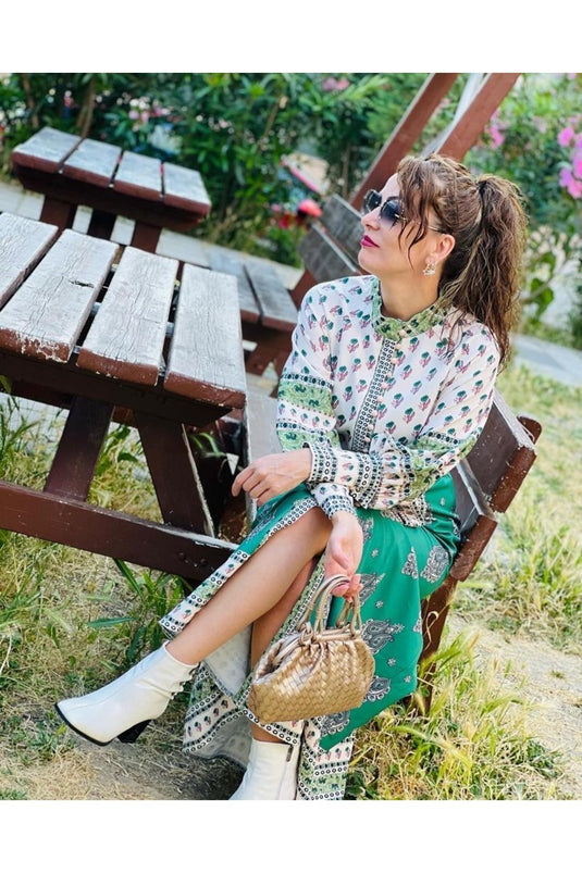 Atlas Kumaş Elbise Yeşil (KUŞAK DAHİLDİR)