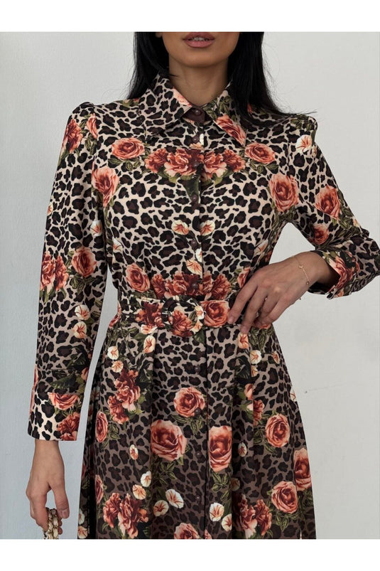 Atlas Kumaş Çiçek Desenli Gömlek Yaka Düğme Detaylı Beyaz Elbise (KEMER DAHİLDİR)-2599