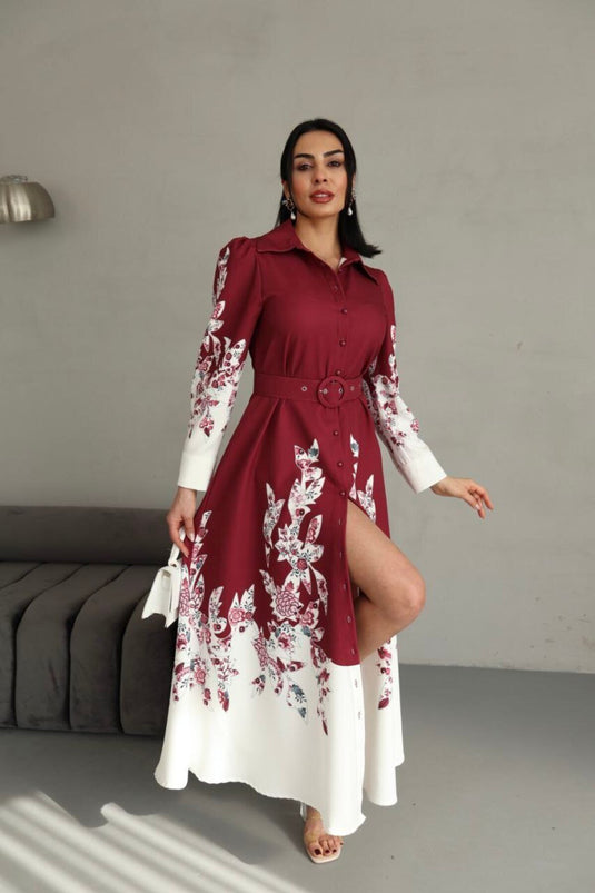 Atlas Kumaş Çiçek Desenli Gömlek Yaka Düğme Detaylı Siyah Elbise (KEMER DAHİLDİR)-2501