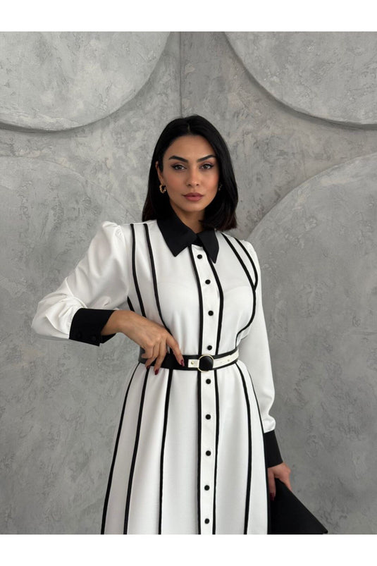 Atlas Kumaş Çiçek Desenli Gömlek Yaka Düğme Detaylı Siyah Elbise (KEMER DAHİLDİR)-42166