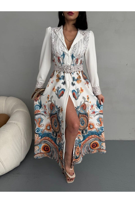 Atlas Kumaş Çiçek Desenli Gömlek Yaka Düğme Detaylı Mavi Elbise (KEMER DAHİLDİR)-2502