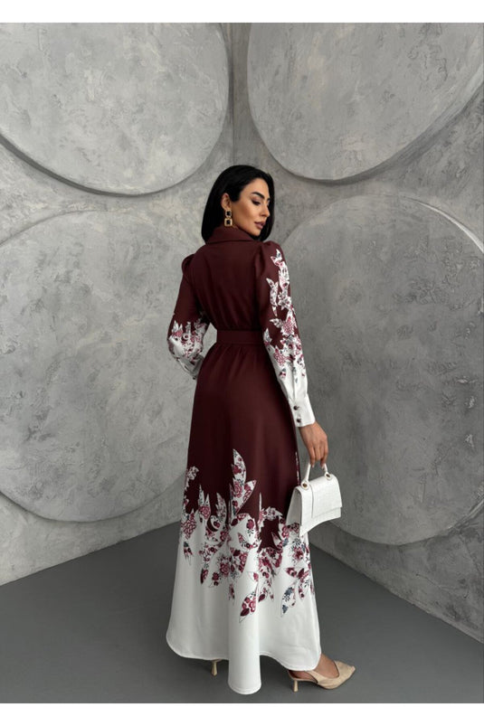 Atlas Kumaş Çiçek Desenli Gömlek Yaka Düğme Detaylı Siyah Elbise (KEMER DAHİLDİR)-2501