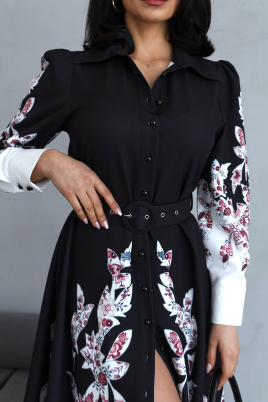 Atlas Kumaş Çiçek Desenli Gömlek Yaka Düğme Detaylı Elbise (KEMER DAHİLDİR)-2501