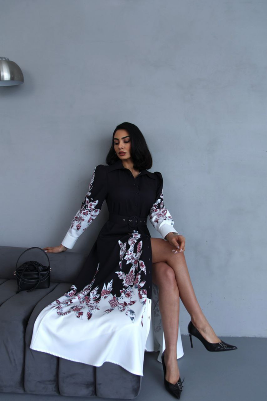 Atlas Kumaş Çiçek Desenli Gömlek Yaka Düğme Detaylı Elbise (KEMER DAHİLDİR)-2501