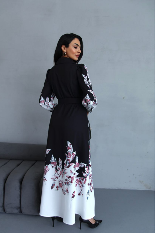 Atlas Kumaş Çiçek Desenli Gömlek Yaka Düğme Detaylı Elbise (KEMER DAHİLDİR)-2501