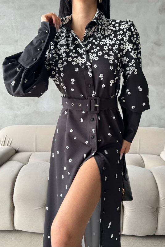 Atlas Kumaş Çiçek Desenli Gömlek Yaka Düğme Detaylı Siyah Elbise (KEMER DAHİLDİR)-4229