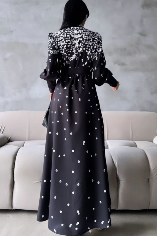 Atlas Kumaş Çiçek Desenli Gömlek Yaka Düğme Detaylı Siyah Elbise (KEMER DAHİLDİR)-4229