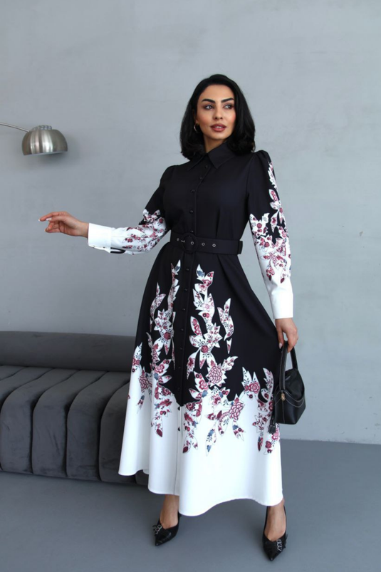 Atlas Kumaş Çiçek Desenli Gömlek Yaka Düğme Detaylı Elbise (KEMER DAHİLDİR)-2501