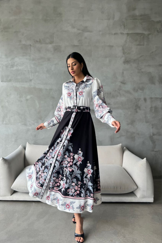 Atlas Kumaş Düğme Detaylı Elbise (KEMER DAHİLDİR)- 4227