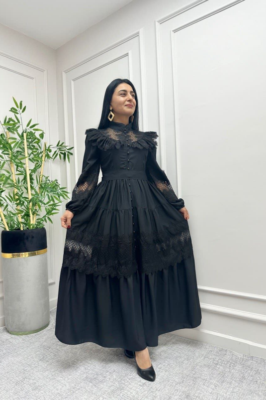 Jenneyfer Krep Kumaş Danter&Güpür  Detaylı (KUŞAK DAHİLDİR) -23178