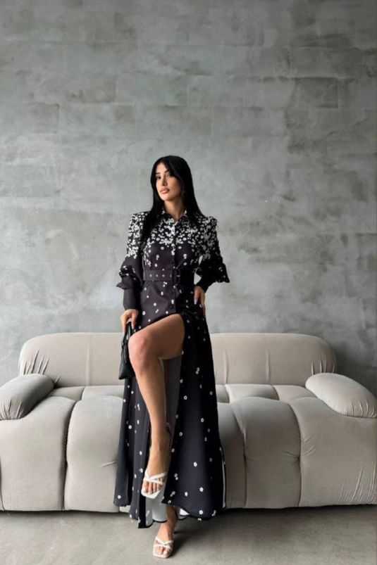 Atlas Kumaş Çiçek Desenli Gömlek Yaka Düğme Detaylı Siyah Elbise (KEMER DAHİLDİR)-4229